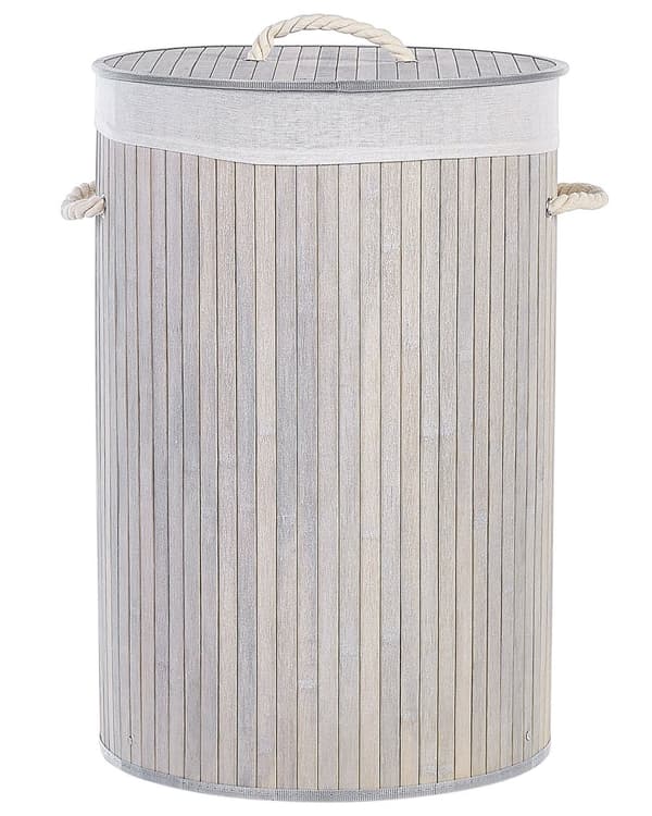 Vasketøjskurv Grå Bambus Polyester Indsats Med Aftageligt Låg Håndtag Moderne Design Multifunktionel