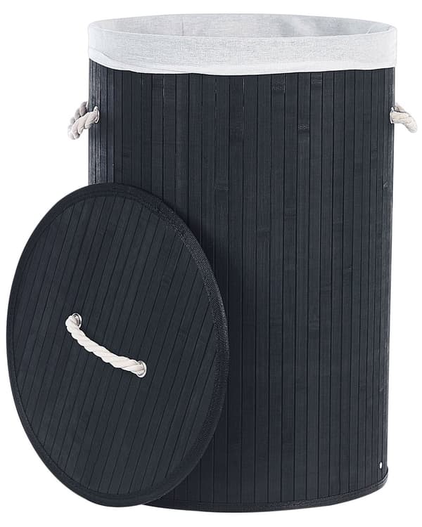Klesvask Kurv Svart Bambus Polyester med avtagbart lokk håndtak Moderne Design