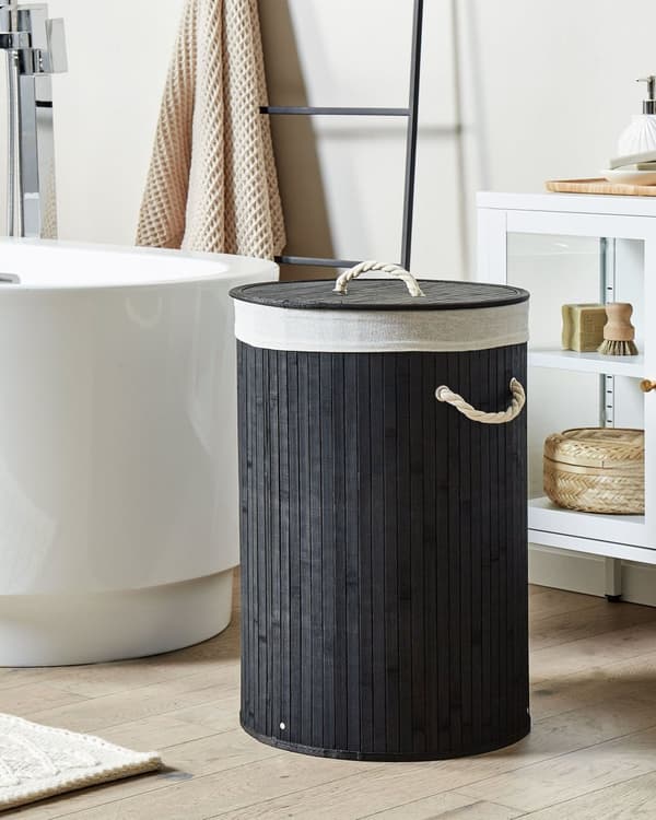 Klesvask Kurv Svart Bambus Polyester med avtagbart lokk håndtak Moderne Design