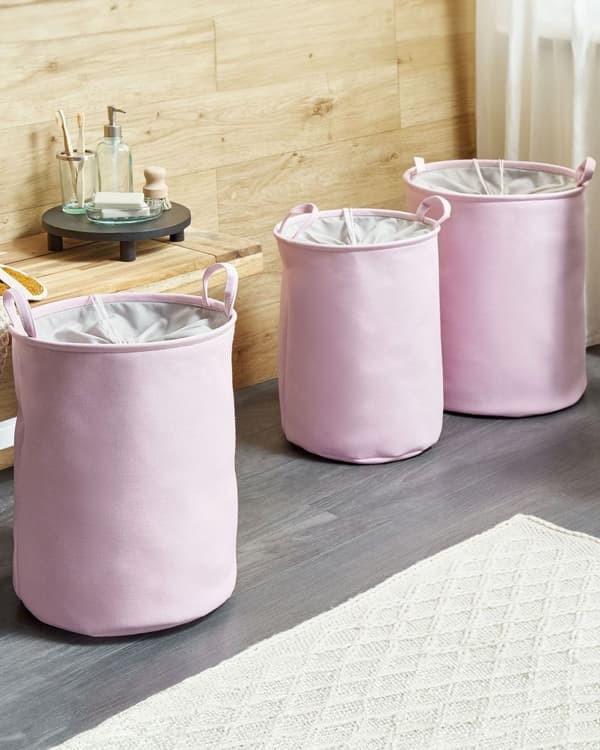 Sett med 3 kurver Rosa Polyester Bomull Snøring Oppbevaring Skittentøyskurv Tilbehør
