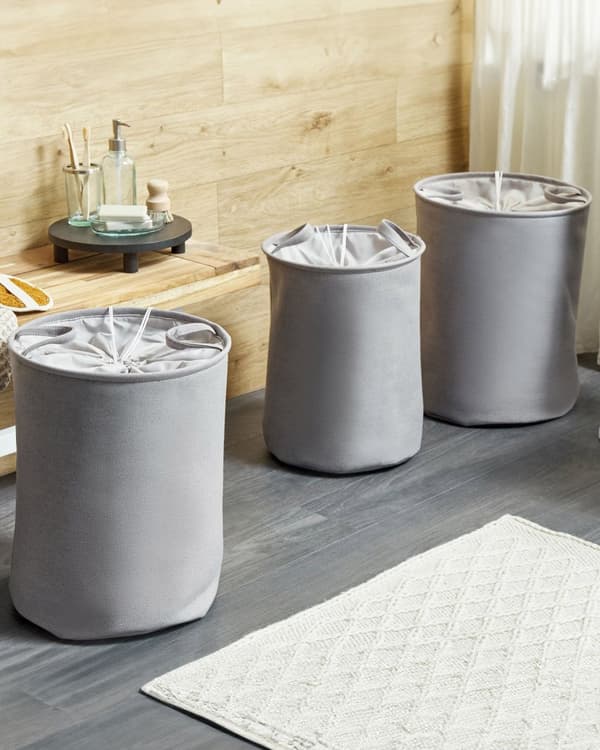 Sett med 3 kurver Grå Polyester Bomull Snøring Oppbevaring Skittentøyskurv Tilbehør