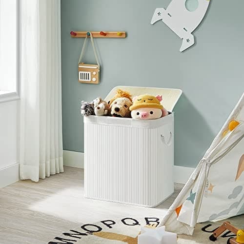 Songmics vaskeri hæmmerkurv med 3 sektioner, klip-on låg og håndtag, 150L foldbart, hvid