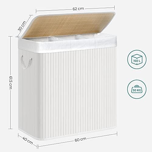 Songmics vaskeri hæmmerkurv med 3 sektioner, klip-on låg og håndtag, 150L foldbart, hvid