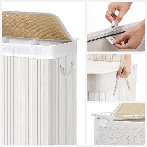 Songmics vaskeri hæmmerkurv med 3 sektioner, klip-on låg og håndtag, 150L foldbart, hvid