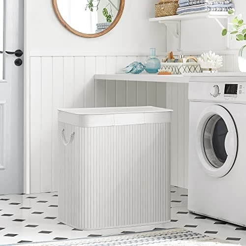 Songmics vaskeri hæmmerkurv med 3 sektioner, klip-on låg og håndtag, 150L foldbart, hvid
