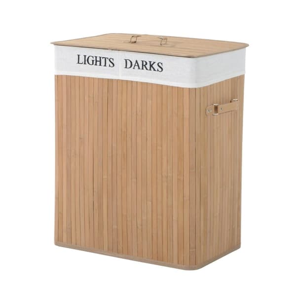 Rootz Tvättkorg - 100L - Tvättställ - Tvättförvaring - Tvättkista - Bambu - Brun - Vit - 52 x 32 x 63 cm