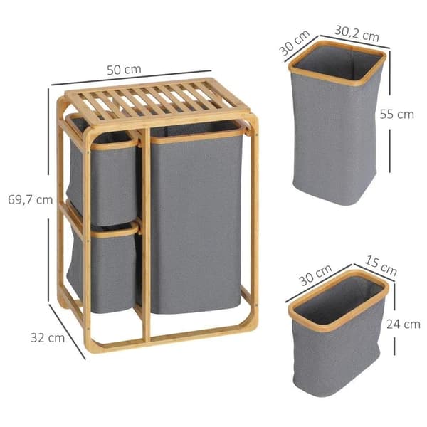 Rootz vasketøjskurv - Bambus vasketøjskurv - 3 aftagelige kurve - Naturgrå - 50 cm x 32 cm x 69,7 cm