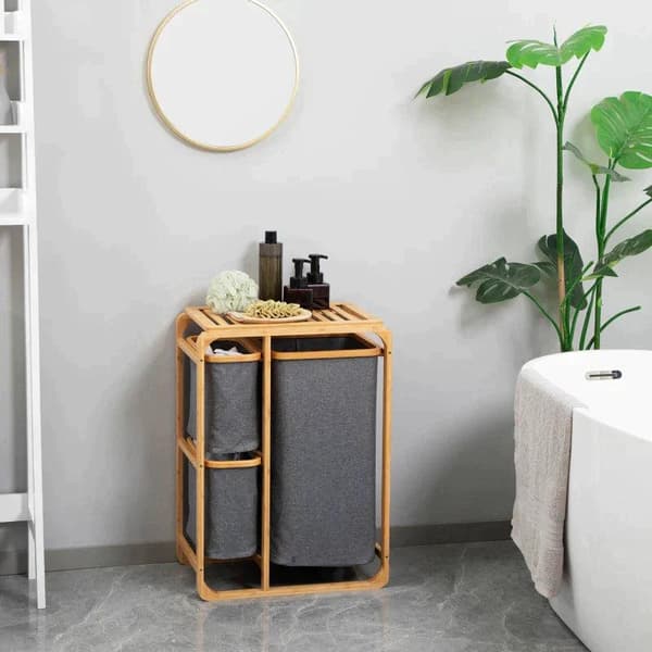 Rootz vasketøjskurv - Bambus vasketøjskurv - 3 aftagelige kurve - Naturgrå - 50 cm x 32 cm x 69,7 cm