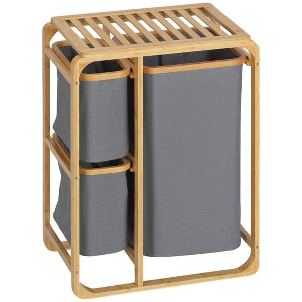Rootz tvättkorg - tvättkorg i bambu - 3 löstagbara korgar - naturgrå - 50 cm x 32 cm x 69,7 cm