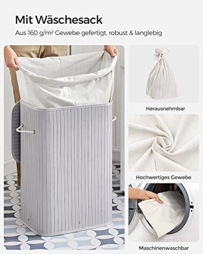 Songmics rektangulær vasketøjskurv, bambusvasketøj med 3 håndtag, 40 x 30 x 60 cm, grå