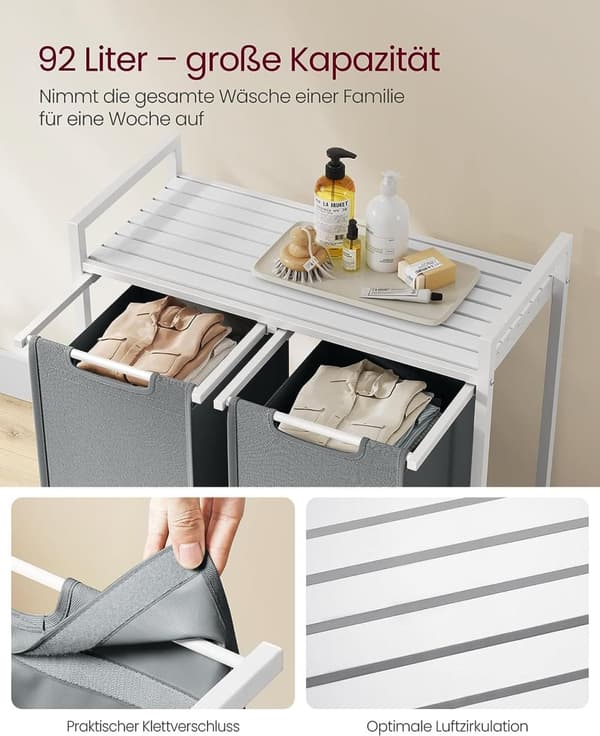 Vasagle pyykkikori, 2 lokeroa, Oxford-kankainen pyykkipussi, jatkettava, irrotettava, metallirunko, 2 x 46 l, valkoinen/vaaleanharmaa