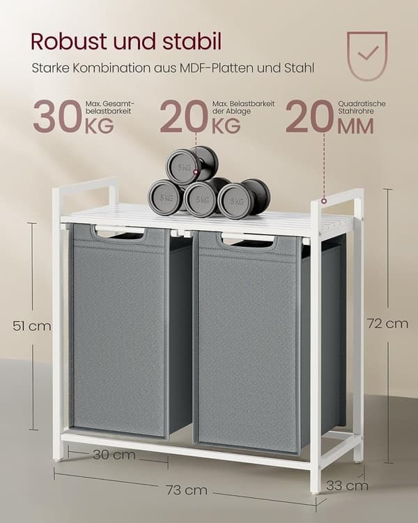 Vasagle pyykkikori, 2 lokeroa, Oxford-kankainen pyykkipussi, jatkettava, irrotettava, metallirunko, 2 x 46 l, valkoinen/vaaleanharmaa