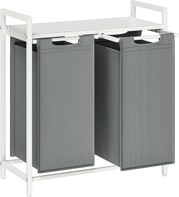 Vasagle pyykkikori, 2 lokeroa, Oxford-kankainen pyykkipussi, jatkettava, irrotettava, metallirunko, 2 x 46 l, valkoinen/vaaleanharmaa