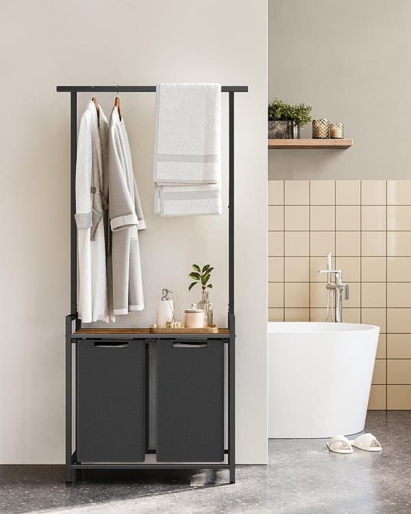 Vasagle Tvätthäm, tvättkorgar 2 sektioner med hängande hylla, 28,7 “x 13” x 69,7 “, rustik brun och svart
