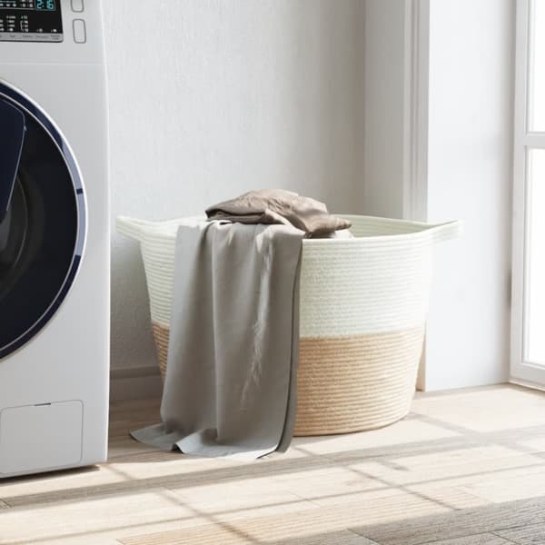 vidaXL vasketøjskurv Ø60x36 cm bomuld beige og hvid