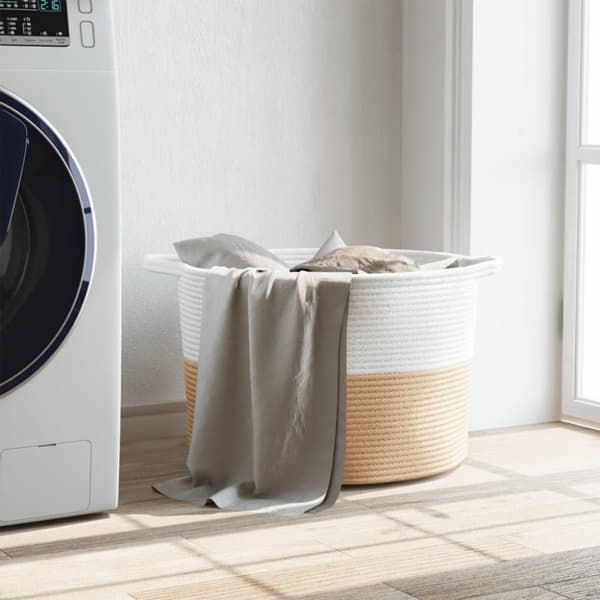 vidaXL Tvättkorg beige och vit Ø55x36 cm bomull