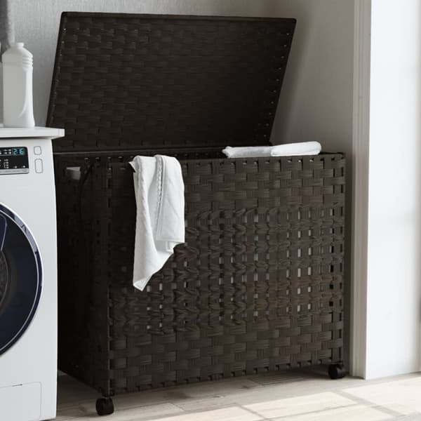 vidaXL vasketøjskurv med hjul 66x35x60 cm rattan mørkebrun