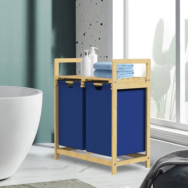 Tvättkorg med två utdragbara tvättpåsar Mörkblå 2x30 liter Ram i bambuträ ML-design