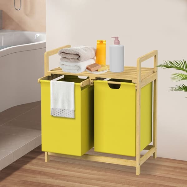 Tvättkorg med två utdragbara tvättpåsar gul 2x30 liter ram av bambuträ ML design