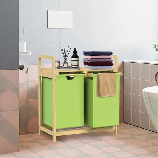 Pyykkikori kahdella ulosvedettävällä pyykkipussilla Olive 2x30 litraa Bambupuurunko ML design