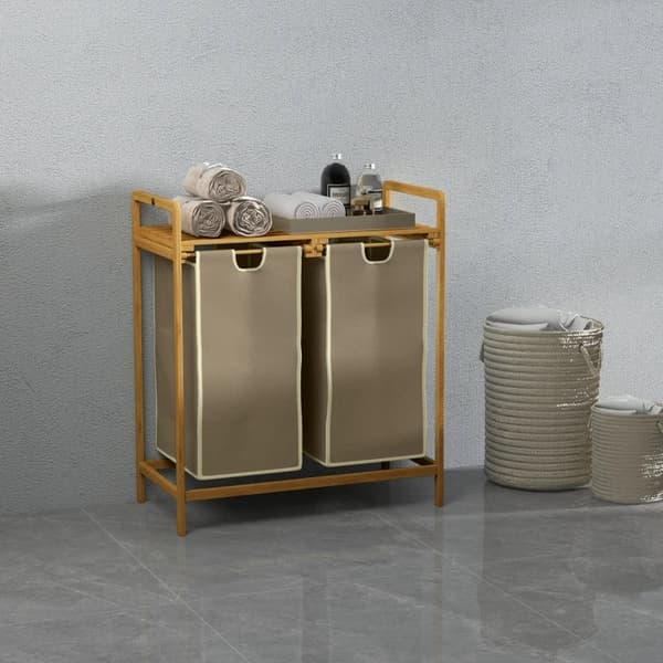 Rootz Vasketøjskurv - Med 2 Vasketøjsposer - 1 Hylde - Bambus - Tørrestativ - Ikke-vævet stof - Lysegrå + Natur - 63,5 cm x 33 cm x 73 cm