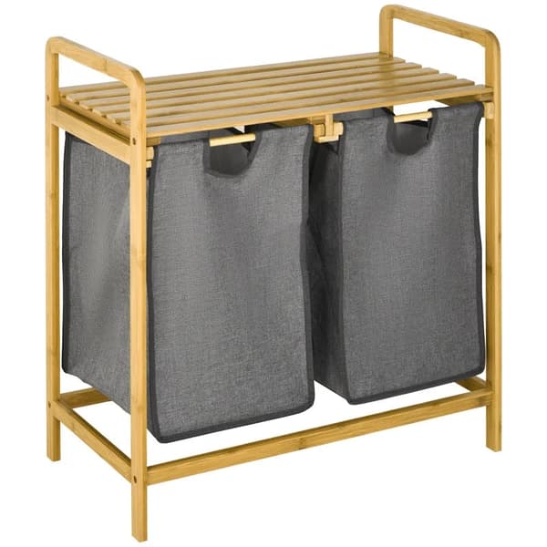 Rootz Bamboo Tvättkorg - Tvättkorg med hylla - Utdragspåsar för sovrum - Badrum - Tvättstuga - Grå - 64 x 33 x 73 cm