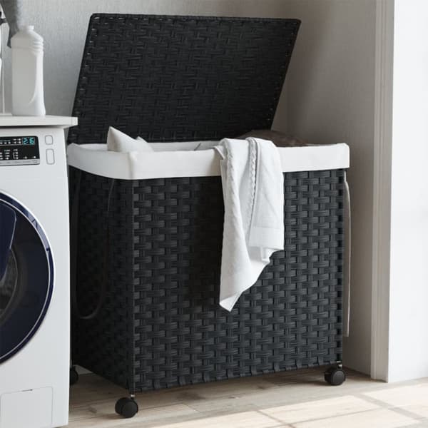 vidaXL vasketøjskurv med hjul 60x35x60,5 cm rattan sort - Vasketøjskurve