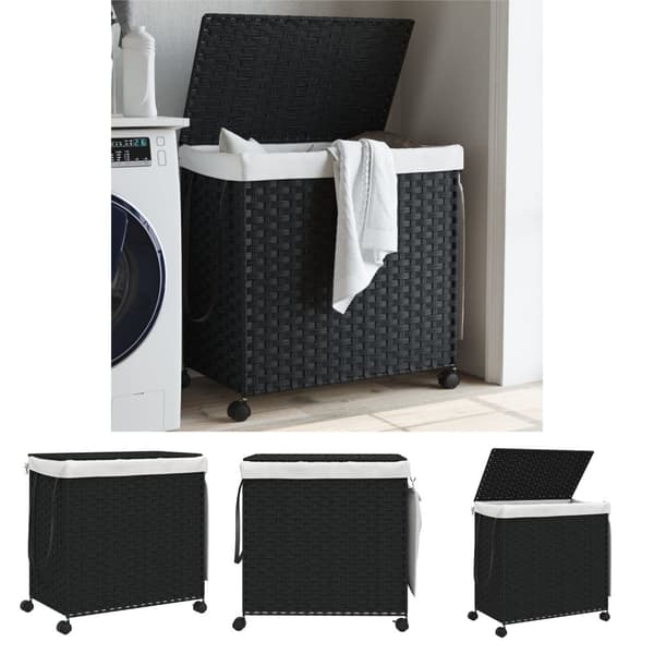 The Living Store vasketøjskurv med hjul 60x35x60,5 cm rattan sort -  Vasketøjskurve