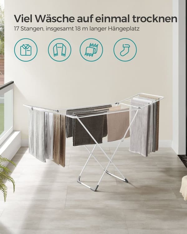 Rootz White Steel PP Plastic Vaskestativ - Tørrestativ til tøj - Tørrestativ - Letvægts - Kompakt - Nem montering - 50 cm x 182 cm x 102,5 cm