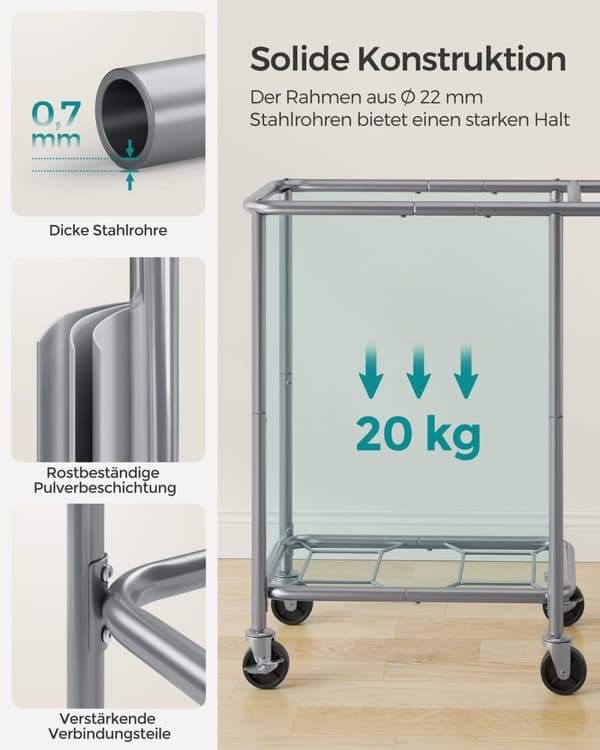 Rootz vasketøjskurv på hjul - Rullekurv - Bærbar opbevaringsbeholder - Stålramme - Cremehvid - 69 cm x 39 cm x 81 cm - 600D Oxford-stof - Letvægts - L