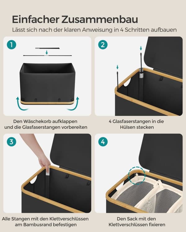 Rootz Bærbar Folde Vasketøjskurv - Hæmmer - Sammenklappelig opbevaringsbeholder - 600D Oxford klud - Bambus - Letvægts - Kompakt - 60 cm x 38,5 cm x 7