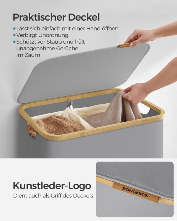 Rootz Dove Grå tvättkorg - Klädkorg - Förvaringsfack - 600D Oxford-tyg - Bambu - Glasfiberstänger - Lättvikts - Hållbar - Bärbar - 52 cm x 38,5 cm x 7