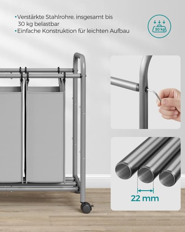 Rootz 2 Pack pyykinlajittelija - harmaa pyykkituki - rullaava pesukärry - teräsrunko - 77 cm x 41 cm x 81,5 cm