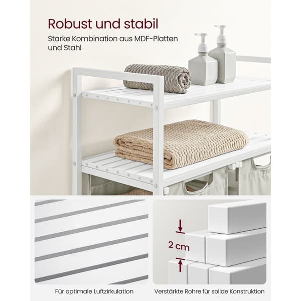 Rootz 3 -kerroksinen pyykkikori hyllyillä - Valkoinen säilytysjärjestelmä - MDF-teräsrakenne - Oxfordin kangaskassit - Heavy Duty - 73 cm x 33 cm x 92