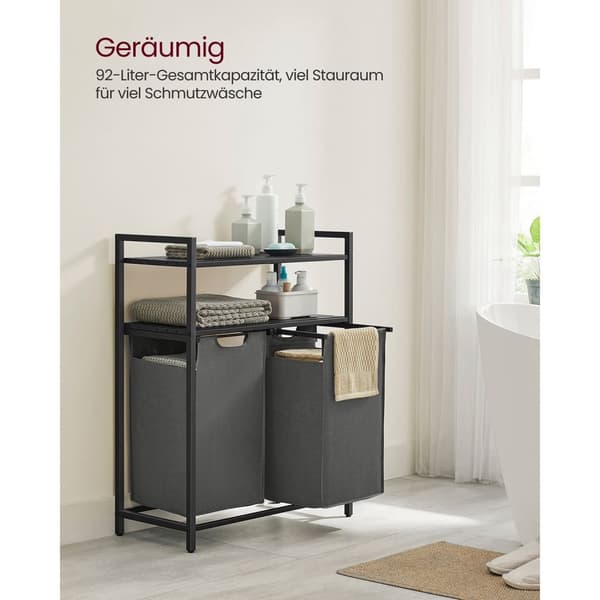 Rootz vasketøjskurv med hylder - Sort-grå - MDF stål Oxford-klud - Stor opbevaringskapacitet - Pladsbesparende design - Nem montering - 73 cm x 33 cm