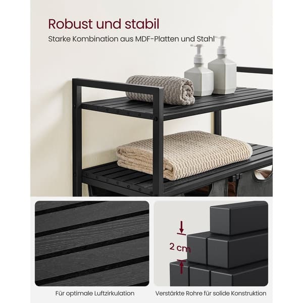 Rootz vasketøjskurv med hylder - Sort-grå - MDF stål Oxford-klud - Stor opbevaringskapacitet - Pladsbesparende design - Nem montering - 73 cm x 33 cm