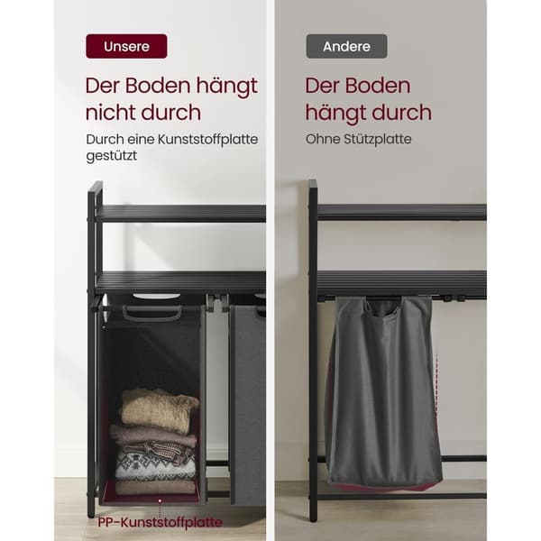 Rootz vasketøjskurv med hylder - Sort-grå - MDF stål Oxford-klud - Stor opbevaringskapacitet - Pladsbesparende design - Nem montering - 73 cm x 33 cm
