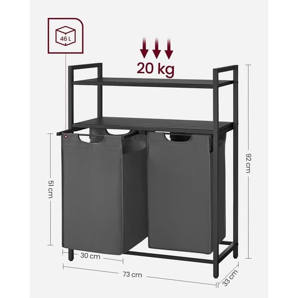 Rootz vasketøjskurv med hylder - Sort-grå - MDF stål Oxford-klud - Stor opbevaringskapacitet - Pladsbesparende design - Nem montering - 73 cm x 33 cm