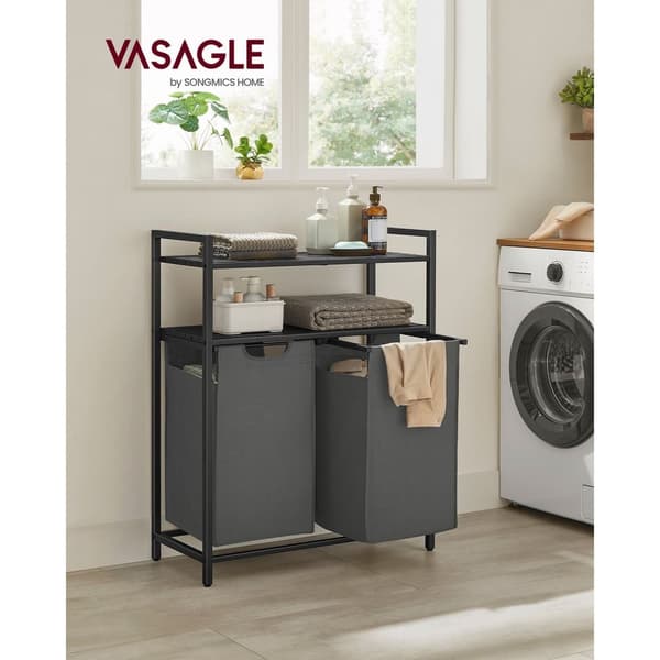 Rootz vasketøjskurv med hylder - Sort-grå - MDF stål Oxford-klud - Stor opbevaringskapacitet - Pladsbesparende design - Nem montering - 73 cm x 33 cm