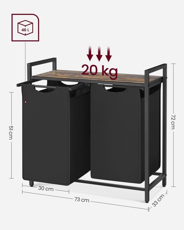 Rootz Vintage ruskea-musta pyykkikorisetti - Vaatteiden este - Säilytysastiat - Lastulevy- ja teräsrakenne - 73 cm x 33 cm x 72 cm
