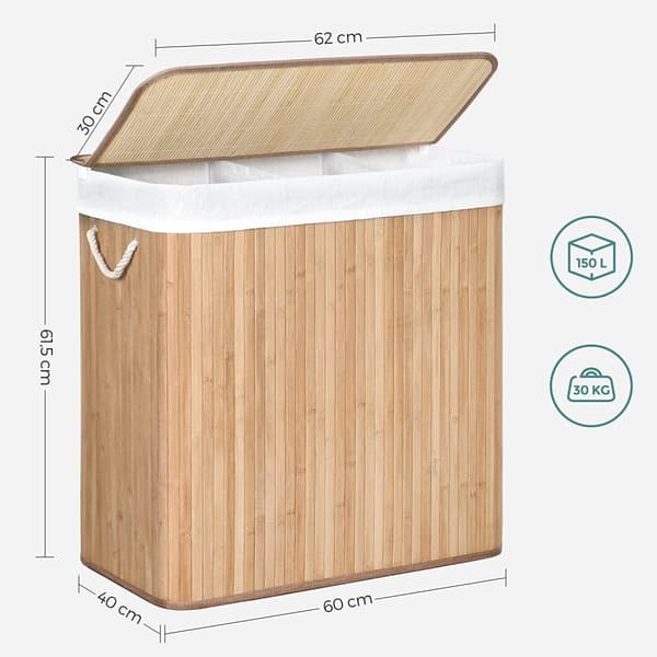 Rootz Bamboo Vasketøjskurv - Beskidte tøj-kurv - Naturligt materiale - Høj stabilitet - Metalramme - 60 cm x 40 cm x 61,5 cm