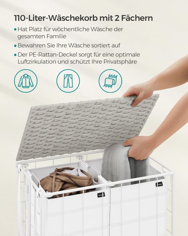 Rootz rullende vasketøjskurv - Tøjkurv - Opbevaringsspand - Stålramme - Oxford-stof - PE-materiale - Cloud White - 57 cm x 33 cm x 65 cm - Letvægts -