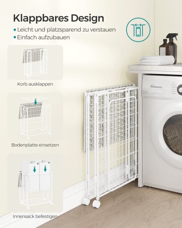 Rootz rullende vasketøjskurv - Tøjkurv - Opbevaringsspand - Stålramme - Oxford-stof - PE-materiale - Cloud White - 57 cm x 33 cm x 65 cm - Letvægts -