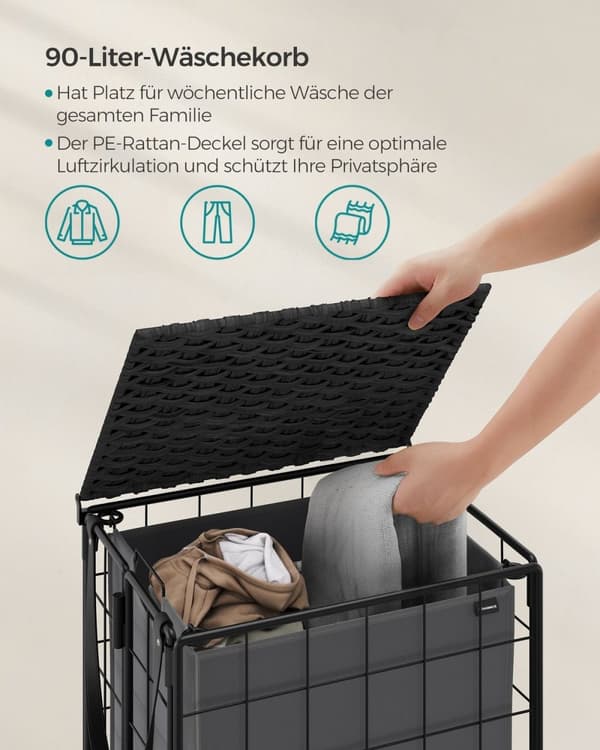 Rootz Vasketøjskurv med Hjul - Tøjkurv - Rullende opbevaringsbeholder - Stålramme - Oxford-stof - PE-materiale - 46cm x 33cm x 65cm