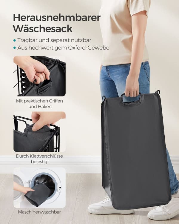 Rootz Vasketøjskurv med Hjul - Tøjkurv - Rullende opbevaringsbeholder - Stålramme - Oxford-stof - PE-materiale - 46cm x 33cm x 65cm