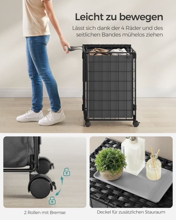Rootz Vasketøjskurv med Hjul - Tøjkurv - Rullende opbevaringsbeholder - Stålramme - Oxford-stof - PE-materiale - 46cm x 33cm x 65cm