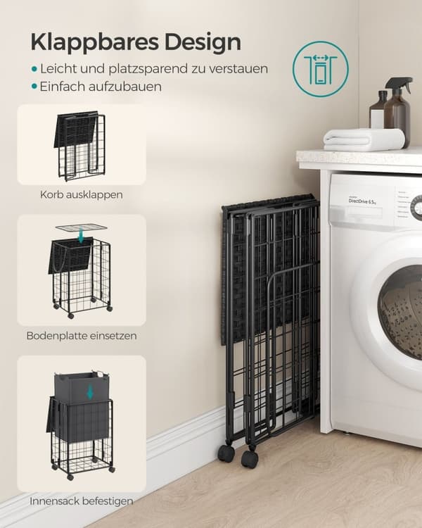 Rootz Vasketøjskurv med Hjul - Tøjkurv - Rullende opbevaringsbeholder - Stålramme - Oxford-stof - PE-materiale - 46cm x 33cm x 65cm