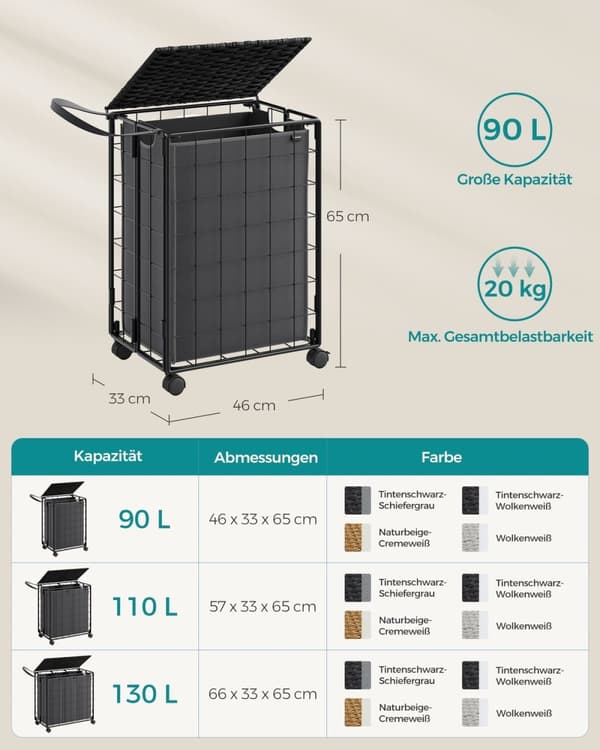 Rootz Vasketøjskurv med Hjul - Tøjkurv - Rullende opbevaringsbeholder - Stålramme - Oxford-stof - PE-materiale - 46cm x 33cm x 65cm