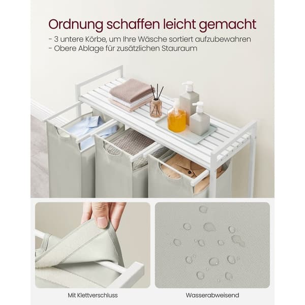 Rootz White Pyykkikori hyllyllä - Säilytysjärjestelmä - Vaatteiden suoja - MDF-teräs Oxford-kangas - 92,5 cm x 33 cm x 72 cm - 25 cm x 30 cm x 51 cm -