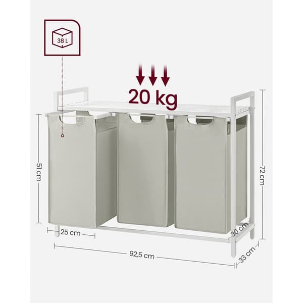 Rootz White Pyykkikori hyllyllä - Säilytysjärjestelmä - Vaatteiden suoja - MDF-teräs Oxford-kangas - 92,5 cm x 33 cm x 72 cm - 25 cm x 30 cm x 51 cm -